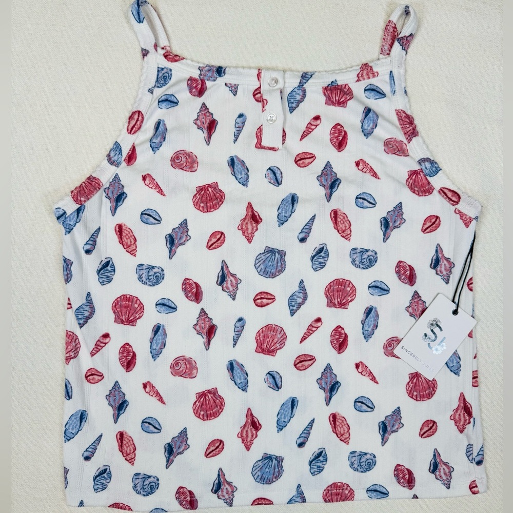 Sincerely Jules Tank Top Womens L White Red Blue Shell Print Soft Ribbed Henley